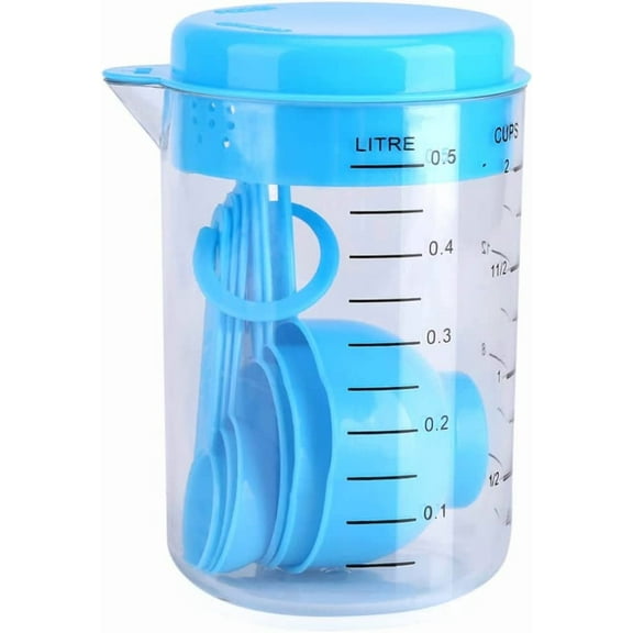 Complete Measuring Cups and Spoons Set - Blue Plastic Kitchen Utensils for Accurate Coffee & Tea Measurements - Easy-to-Read Markings Dishwasher Safe Stackable & Multi-Functional