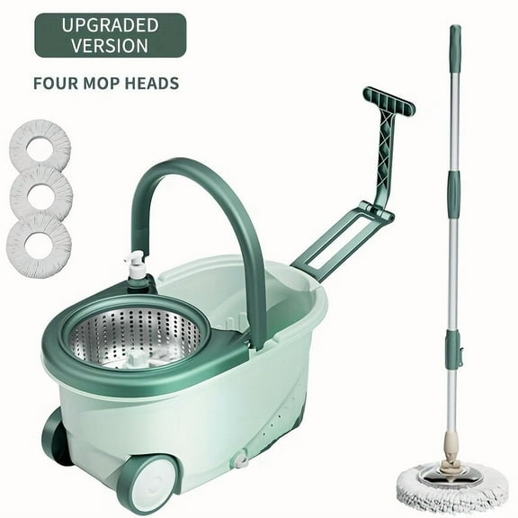 Complete Mop Bucket Set with Spinning Mop and Rolling Bucket, Ideal for Bathroom Cleaning. Includes a 360-Degree Spinning Mop Bucket System, Four Ultra-Fine Microfiber Replacement Mop Heads,