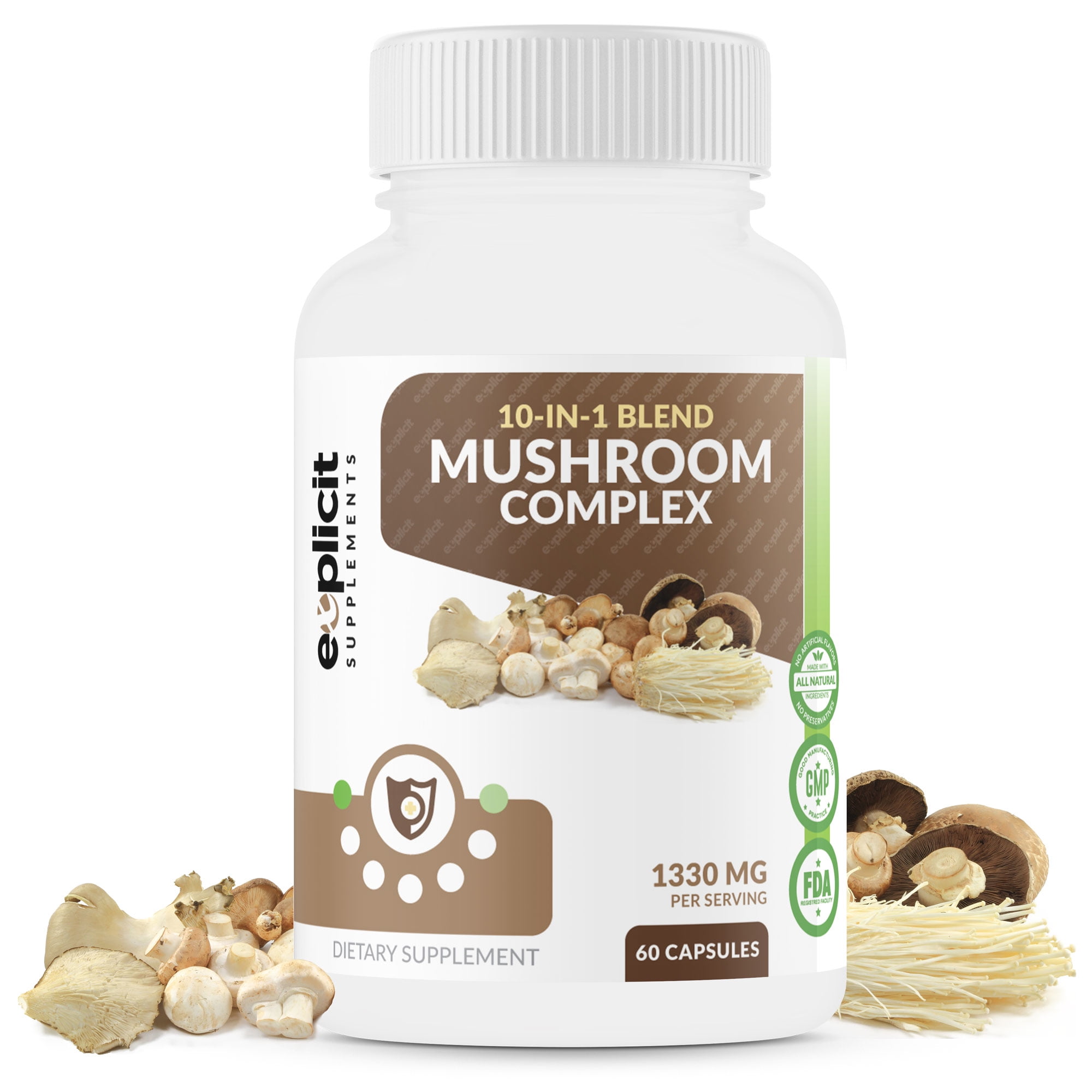 Complete Mushroom Supplement with 10 Mushroom Extracts & Blends (Cordyceps, Reishi, Shiitake, Lions Mane, Maitake, Turkey Tail, Chaga, Royal Sun, White Button, Black Fungus Mushroom) - 60 Caps