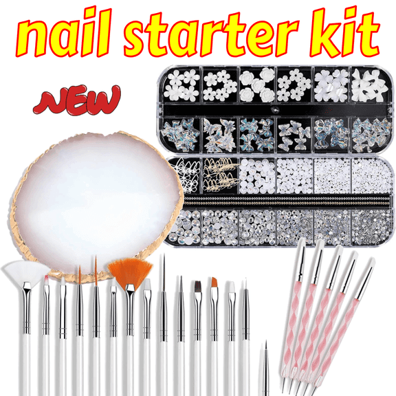 Complete Nail Art Studio Kit: 3D Charms & Rhinestones with Professional Brush & Palette Set for DIY Manicures