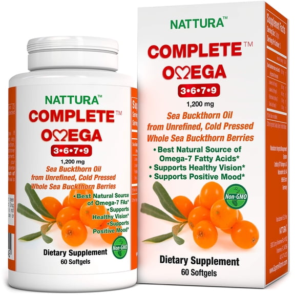 Complete Omega 3-6-7-9, Pure Sea Buckthorn Oil, European Quality, from Unrefined, Cold Pressed Whole Sea Buckthorn Wild Berries - Non-GMO, Certified Kosher, Gluten-Free 1 Bottle - 60 Capsu