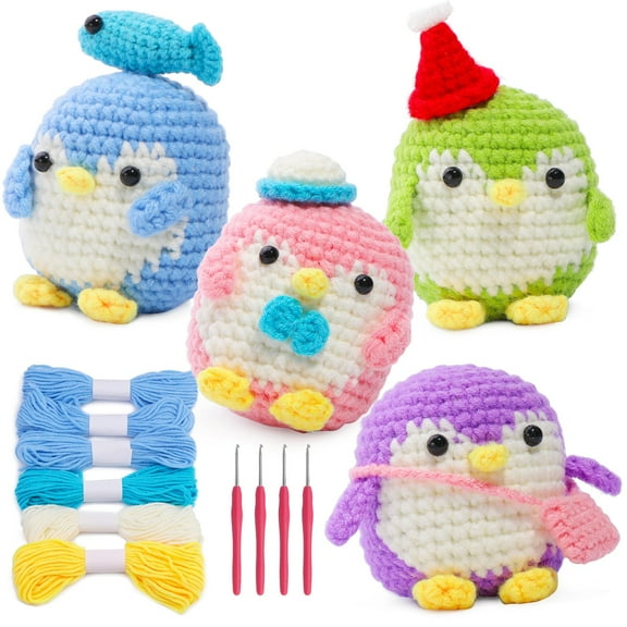 Complete Penguin Doll Crochet Set Knitting Set for Beginners with Step-by-step Instruction Video Handmade Crochet Woven Material Pack for DIY Craft Art 4 Dolls Pink&Green&Purple&Blue