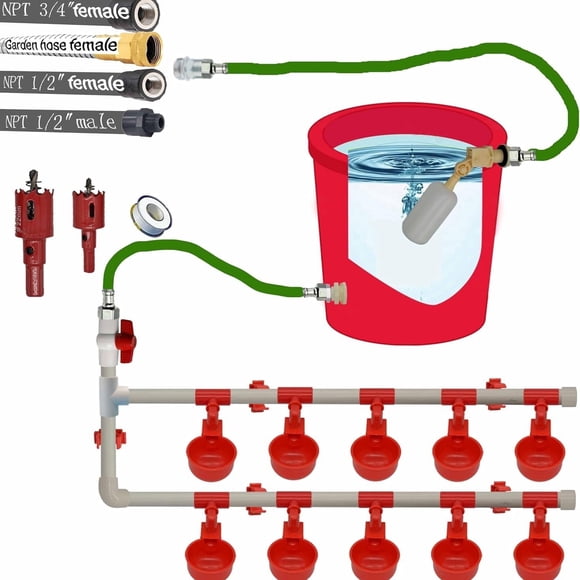 Complete Pipeline Automatic Chicken Waterer System, 1/2" PVC Pipe DIY Accessories Kit with 2 Hoses & Chicken Water Cups, Automatic Poultry Water Feeder for Quail, Chicken, Duck, Goose