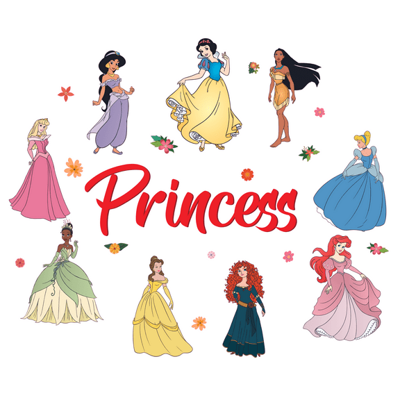 Complete Princesses Collection for Girl's Bedroom Vinyl Wall Decal - Princess Merida, Auorora, Jasmine, Pocahontas, Cinderella, Ariel, Snow White, Tiana, Belle, and Repunzel All Together With Their Be