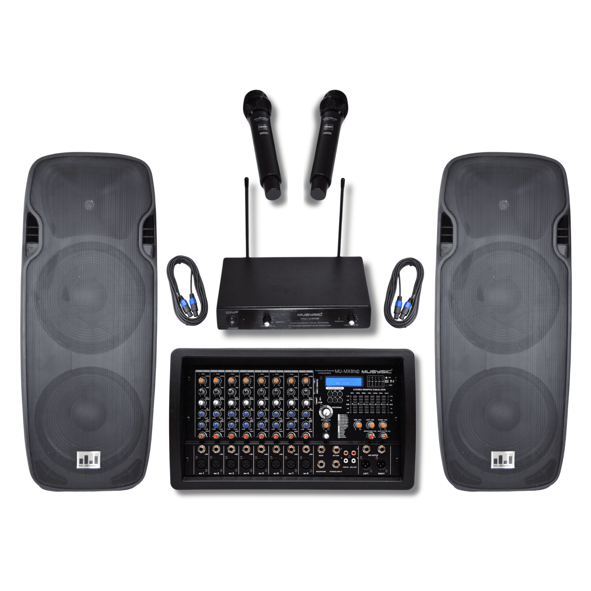 Complete 4500 Watts PA System with Dual 15" Speakers and Wireless Mics