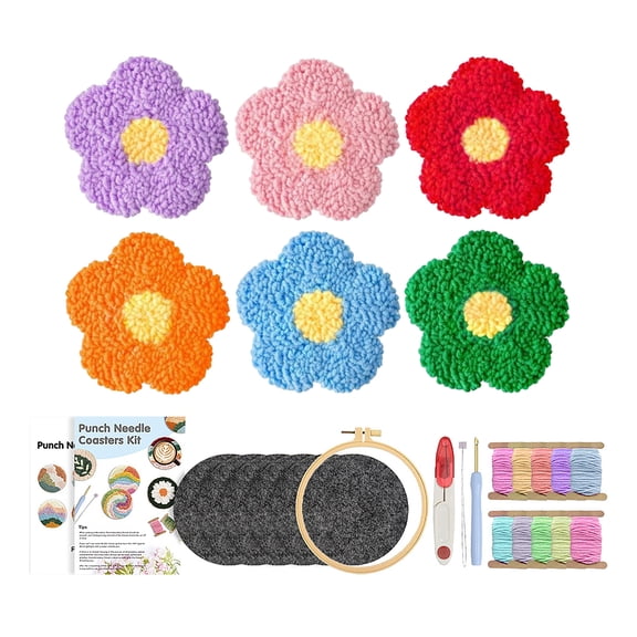 Complete Punch Needle Coaster Kit, 6 Pack DIY Craft Kits with All Tools, Knitted Coaster Kit for Home Decoration (flowers)