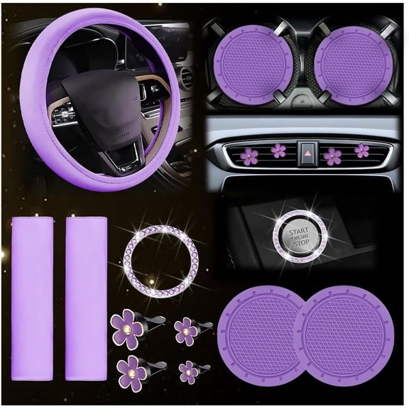 Complete Purple Car Interior Accessories Set – Stylish Steering Wheel Cover, Seat Belt Shoulder Pads, Cup Holders, Start Button Decal & Flower Vent Clips, Girls & Pink Car Decor Lovers