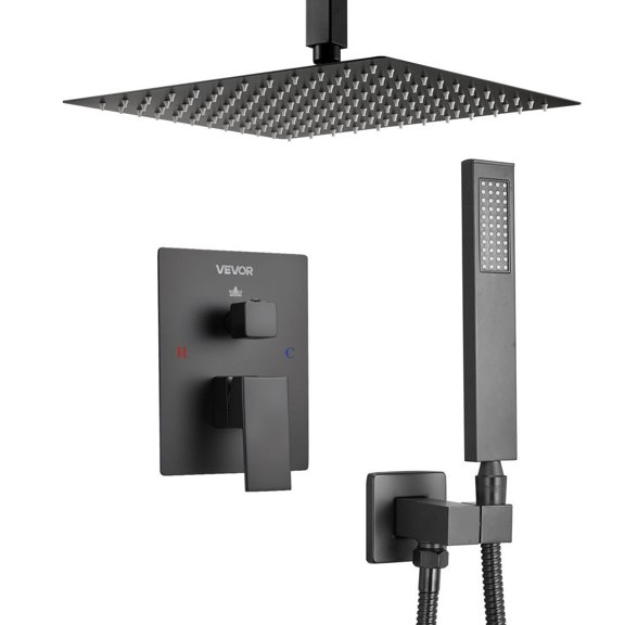 Complete Rainfall Shower System with 12-Inch Square Ceiling Rain Head & Handheld Spray