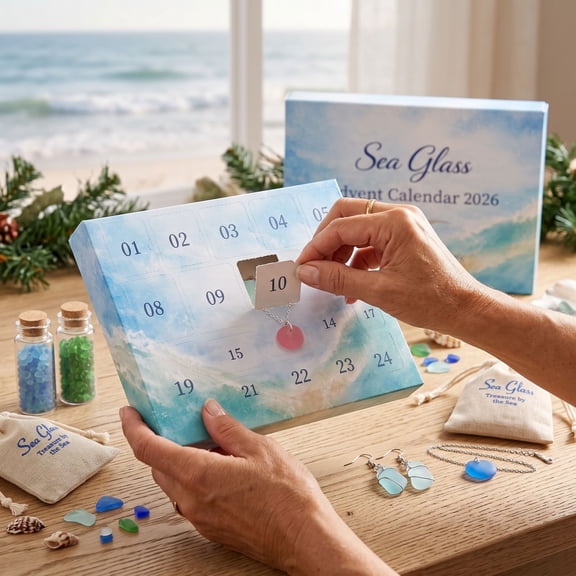 Complete Sea Glass Advent Calendar Kit 24Pcs, 3D Ocean Inspired Countdown Box with Sea Glass, Shells and Craft Parts, Unique Holiday Present for DIY Art Lovers