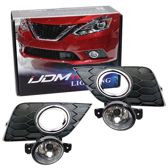Complete Set Clear Lens Fog Lights Foglamp Kit For 2016-20 Nissan Sentra (Facelift), with Halogen Bulbs, Wiring On/Off Switch and Garnish Bezel Covers w/Chrome Trim