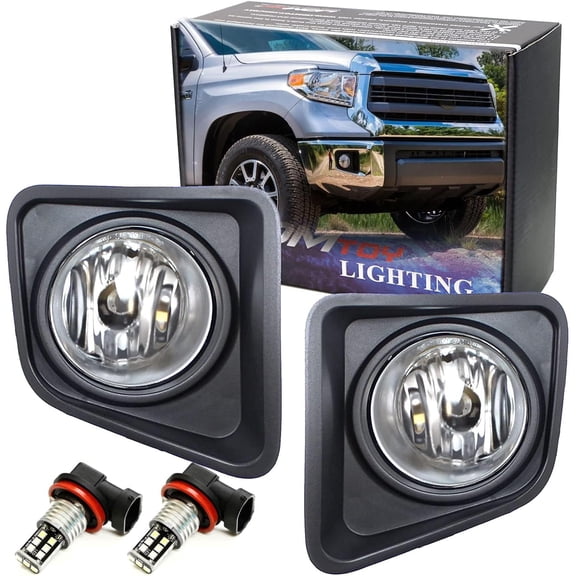 Complete Set Clear Lens Fog Lights Foglamp Kit with Xenon White 15-SMD LED Bulbs, Wiring On/Off Switch and Garnish Bezel Covers For 2014-2021 Toyota Tundra