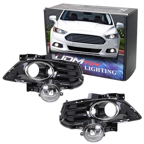 Complete Set Clear Lens Fog Lights Foglamp Kit with Halogen Bulbs, Wiring On/Off Switch and Garnish Bezel Covers/Brackets For 2013-2016 Ford Fusion
