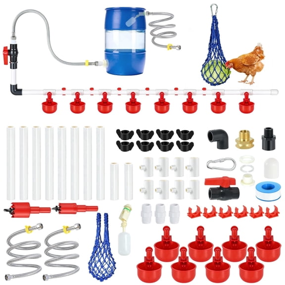 Complete Set Pipeline Automatic Chicken Waterer System(57 Accessories Included), Chicken Watering System Kit with 8 Chicken Water Cups, Float Valve, Water System for Chickens Ducks Quail Poultry