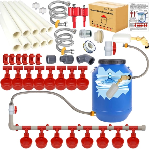 Complete Set Pipeline Automatic Chicken Waterer System(58 Accessories Included) for continuous water supply, Freestanding poultry waterer, Chicken Water Cups, Chicken Waters,Poultry Waterer