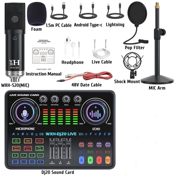 Complete Set of Podcast Gear Including a Large Diaphragm XLR Condenser Microphone And a Live Sound Card, Perfect for Studio Recording And Broadcasting