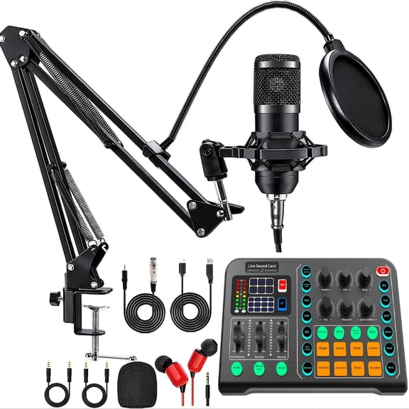 Podcast Equipment Bundle XLR Large Diaphragm Condenser Microphone with Live Sound Card Condenser Microphone Bundle for Studio Recording & Broadcasting