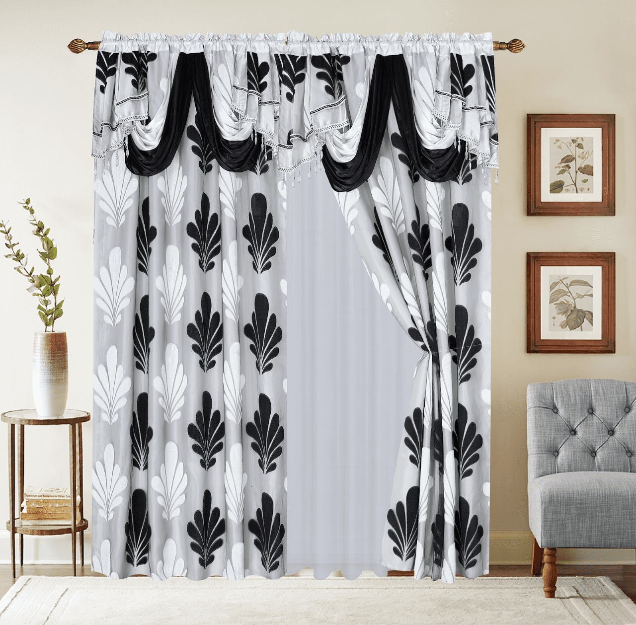 Complete Set Shopia 2 Tone Embroidery Luxury Jacquard Chiffon with Attached Valance with Beads and Tassels Window Curtain Bedroom, Living Room, and Dining Room (108 x 84 inches)