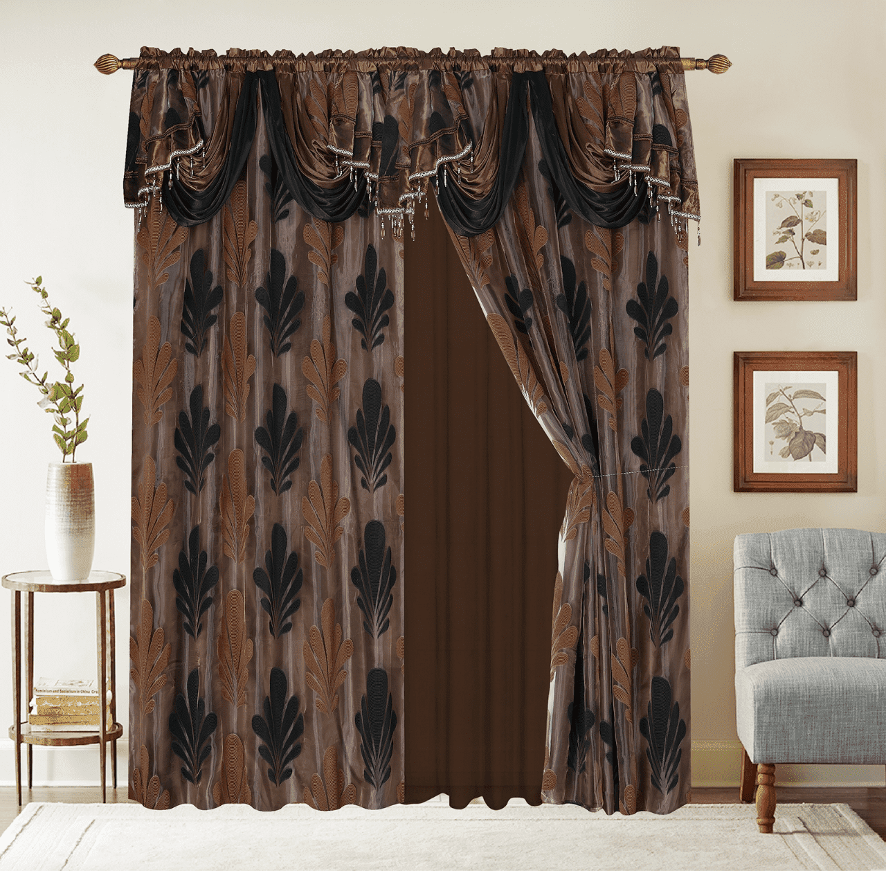 Complete Set Shopia 2 Tone Embroidery Luxury Jacquard Chiffon with Attached Valance with Beads and Tassels Window Curtain Bedroom, Living Room, and Dining Room (108 x 84 inches)