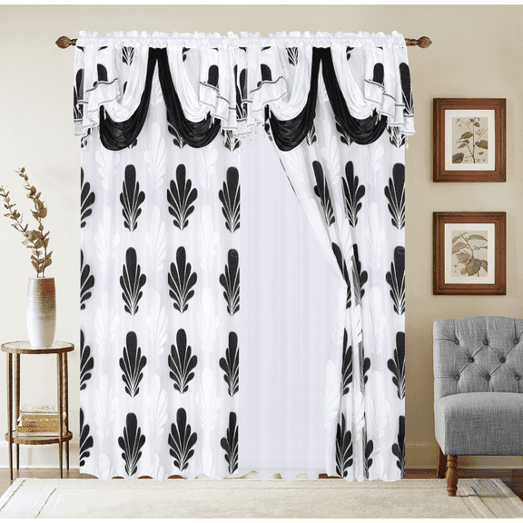 Complete Set Shopia 2 Tone Embroidery Luxury Jacquard Chiffon with Attached Valance with Beads and Tassels Window Curtain Bedroom, Living Room, and Dining Room (108 x 84 inches)