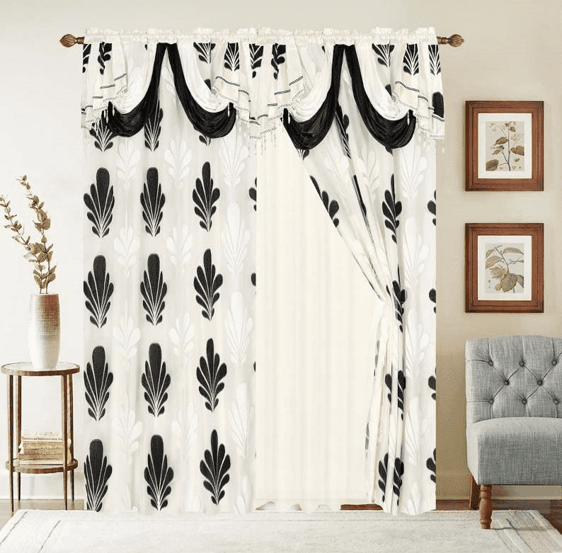 Complete Set Shopia 2 Tone Luxury Jacquard Chiffon with Attached Valance with Beads and Tassels Window Curtain Bedroom, Living Room, and Dining Room (108 x 84 inches)