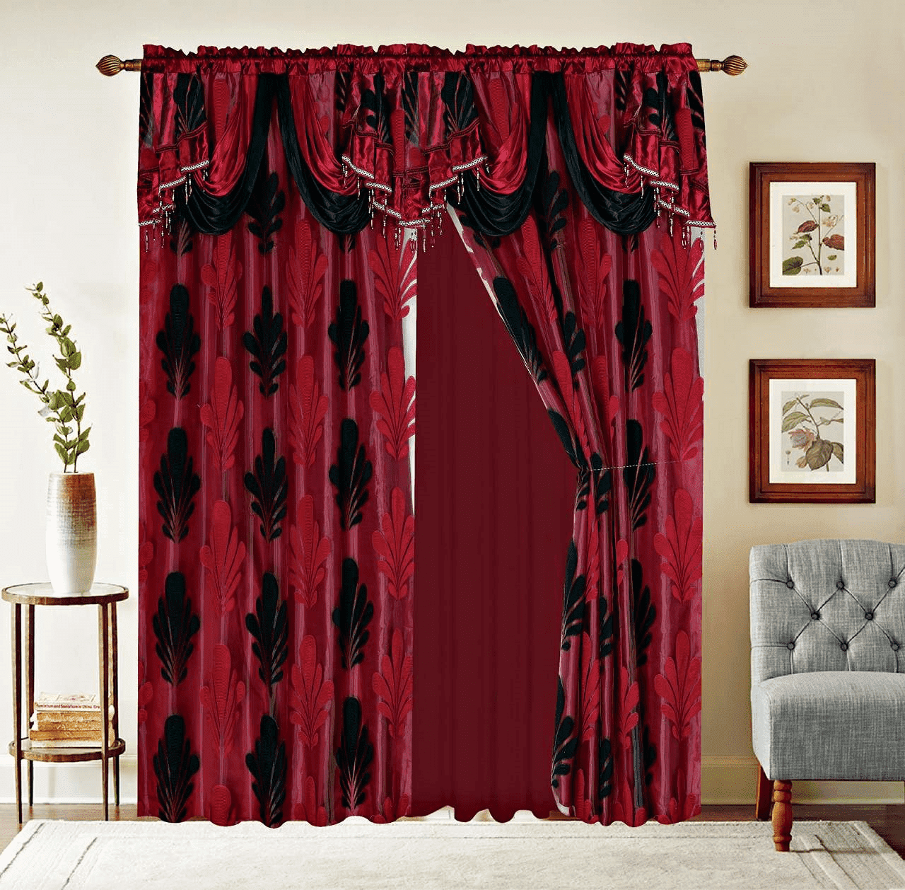 Complete Set Shopia 2 Tone Luxury Jacquard Chiffon with Attached Valance with Beads and Tassels Window Curtain Bedroom, Living Room, and Dining Room (108 x 84 inches)