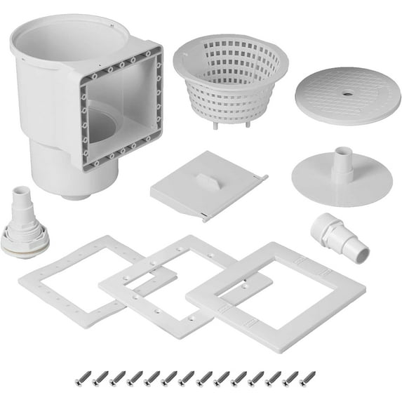 (Complete Set Universal Fit Above Ground Pool Skimmers (White) Pool Skimmer Accessory Kit ABS Plastic Thru-Wall Skimmer with Accessories Opening Width 6" Fits All Standard Pools Wall Cutouts
