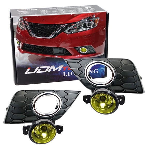 Complete Set Yellow Lens Fog Lights Foglamp Kit For 2016-20 Nissan Sentra (Facelift), with Halogen Bulbs, Wiring On/Off Switch and Garnish Bezel Covers w/Chrome Trim
