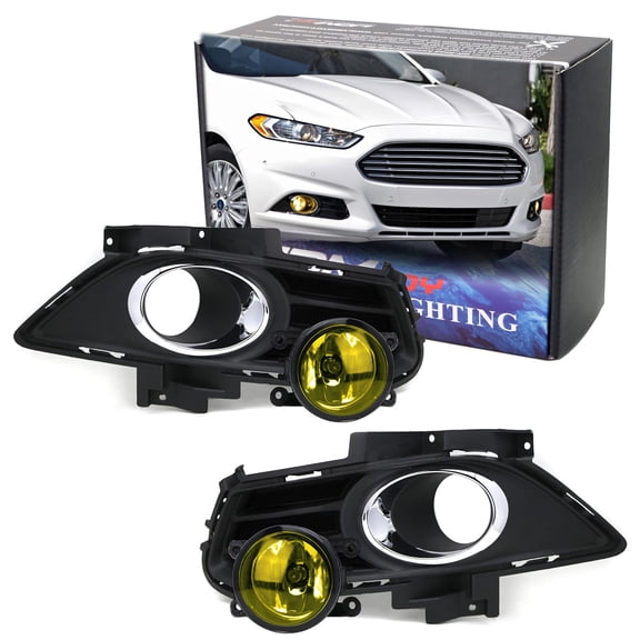 Complete Set Yellow Lens Fog Lights Foglamp Kit with Halogen Bulbs, Wiring On/Off Switch and Garnish Bezel Covers/Brackets For 2013-2016 Ford Fusion