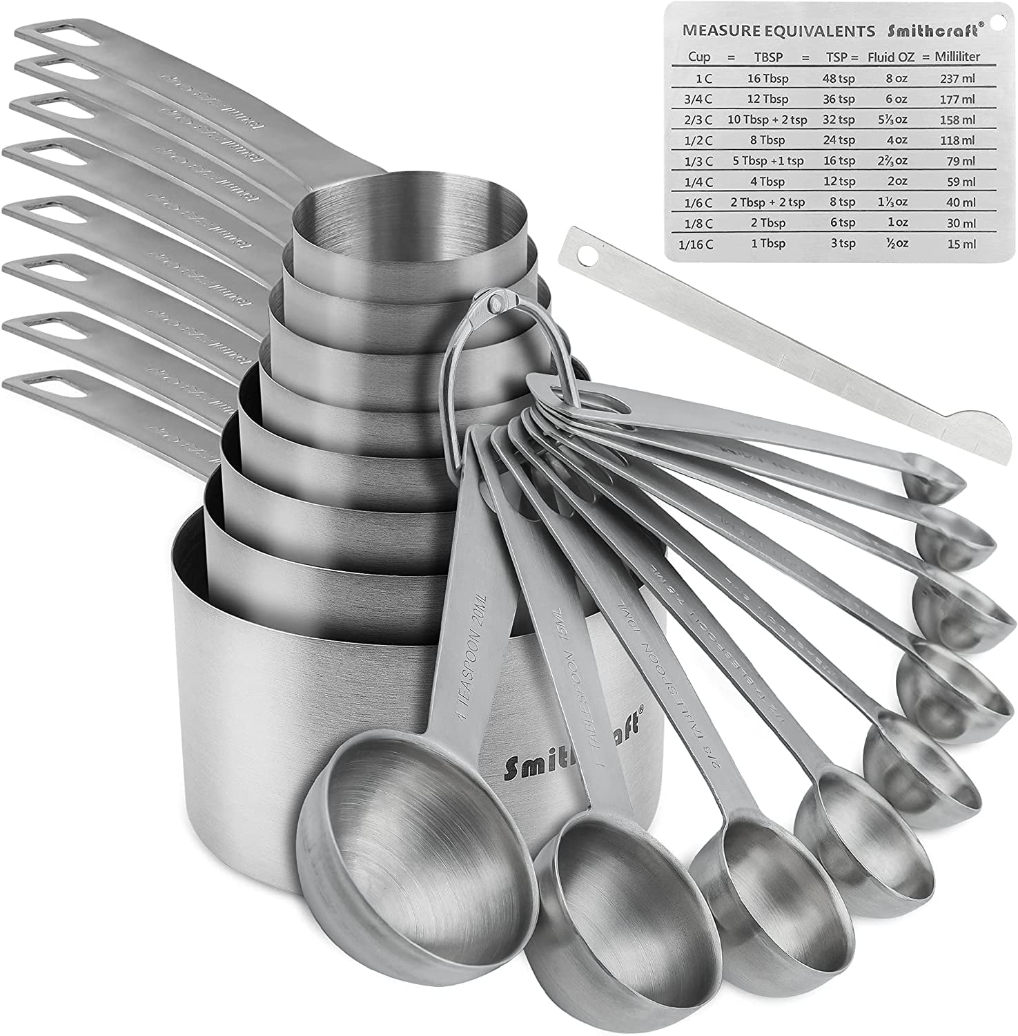Professional Stainless Steel Measuring Cups and Spoons Set, 19 Pieces