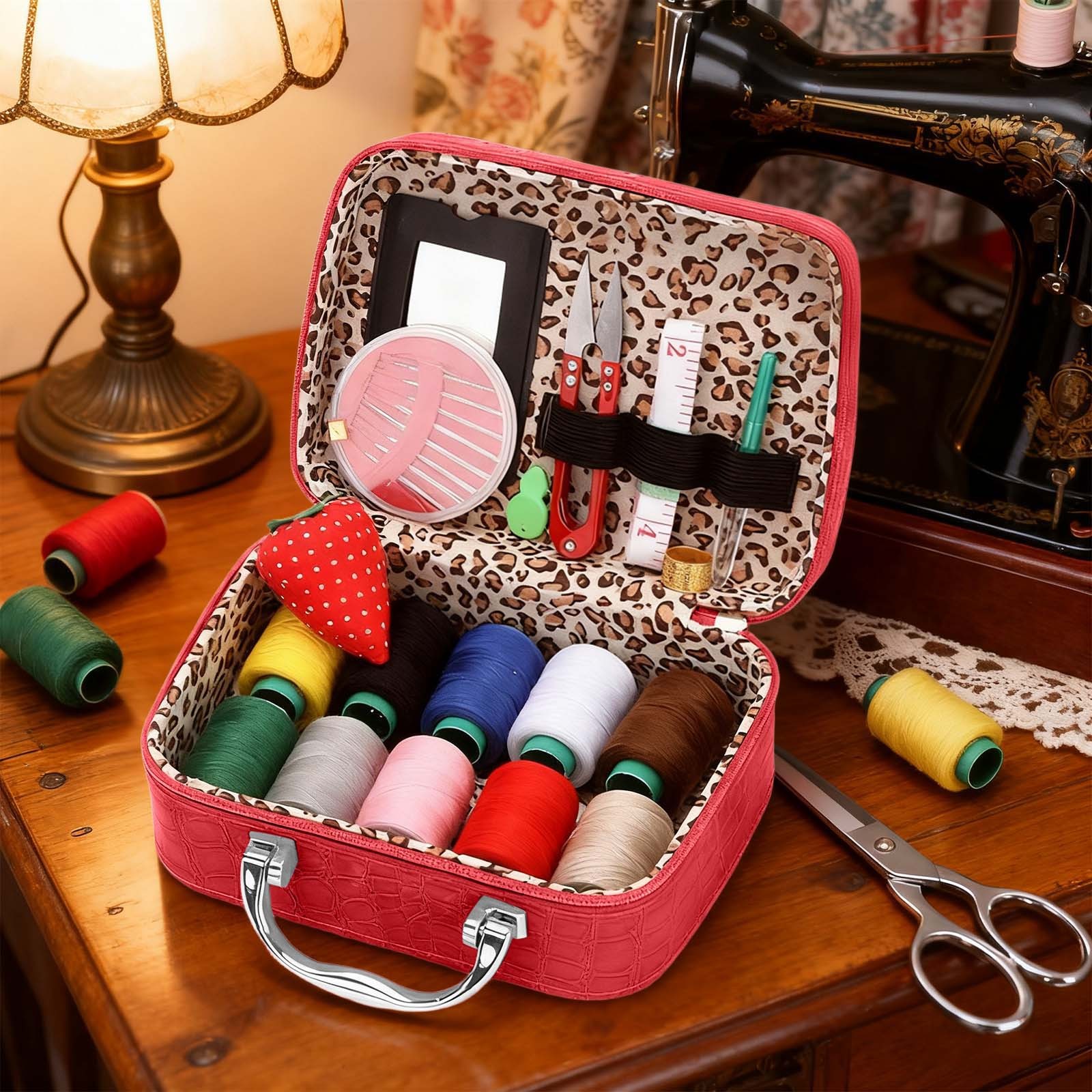 Complete Sewing Kit with Storage Case, Portable DIY Needlework Set,with Thread, Needles, Scissors, Tape Measure & Accessories, for Beginners & Crafters-Red
