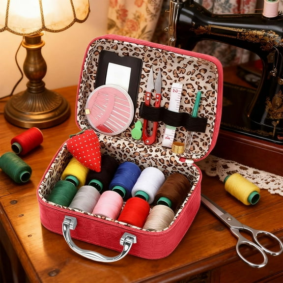 Complete Sewing Kit with Storage Case, Portable DIY Needlework Set,with Thread, Needles, Scissors, Tape Measure & Accessories, for Beginners & Crafters-Red
