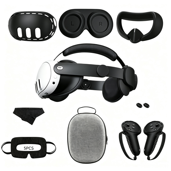 Complete Silicone Accessory Set Compatible with Meta/Oculus Quest 3, VR Shell Cover, Facial Interface Cover, Controller Grips, Sweatproof Eye Masks, Protective Lens Cover, Thumbstick Caps, Tempered G