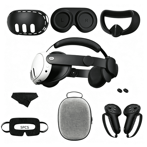 Silicone VR Accessory Kit Compatible with Meta Quest 3 Oculus Quest 3 Full Set Shell Cover Facial Pad Controller Grips Sweat Proof Eye Mask Lens Protector Thumbstick Caps Tempered Glass Lens Covers