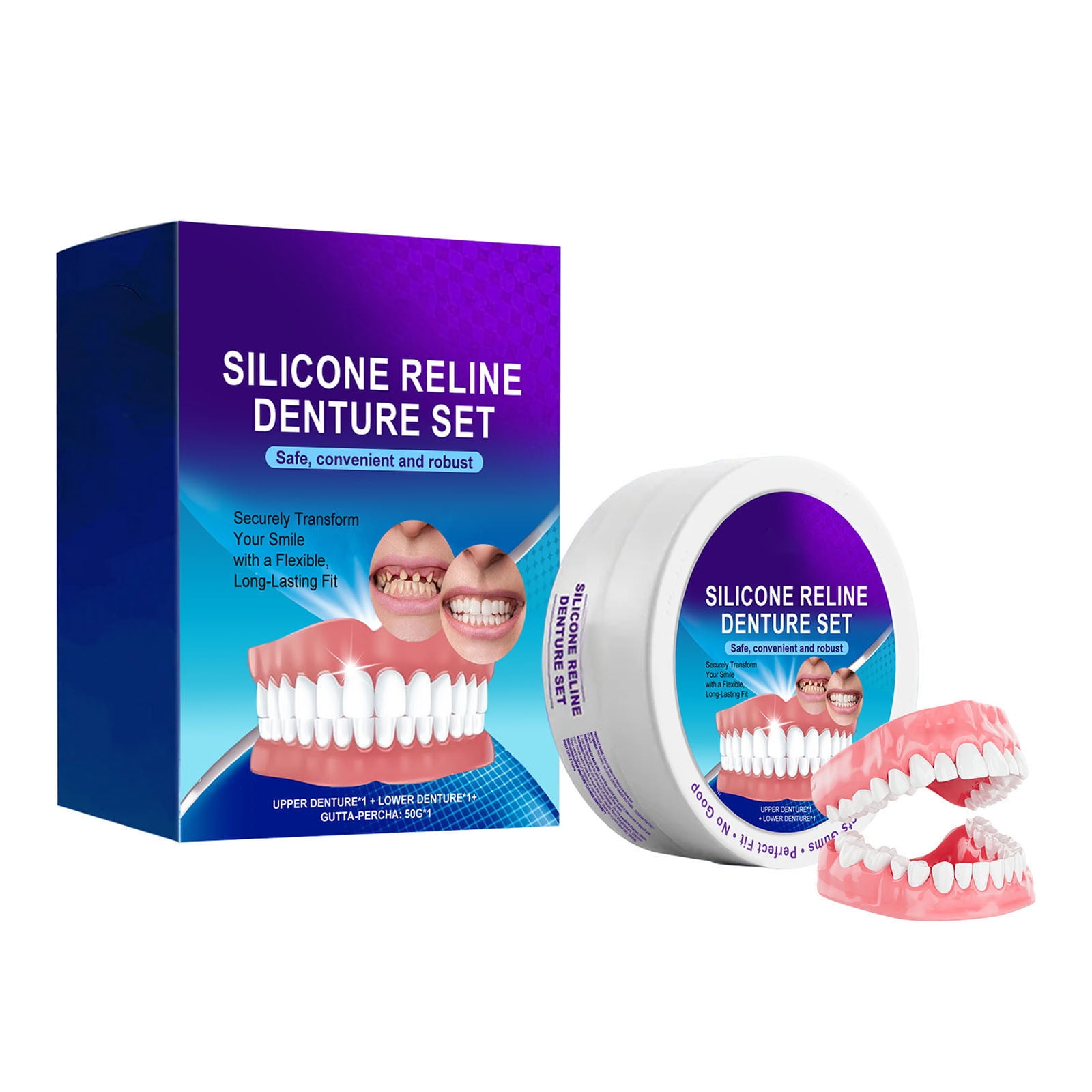 Complete Silicone Reline Set, Soft Silicone Denture Kit, Snap-in Teeth ...