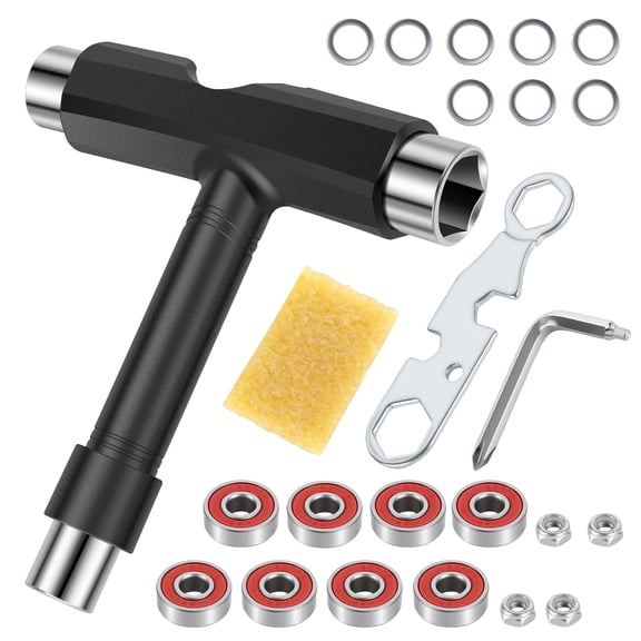 Skateboard Tool Kit, All-in-One Skate Tool with T Wrench, Hex Key, Bearings, Lock Nuts, Washers and Cleaning Block for Skateboard Assembly, Repair and Maintenance