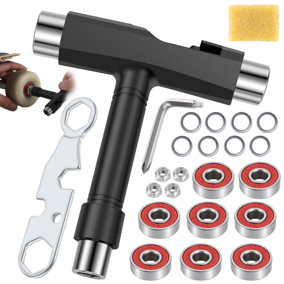 All in One Skate Tool Complete Skate Repair Kit with Skateboard T Type Wrench and Grip Tape Cleaning Block for Roller Skates
