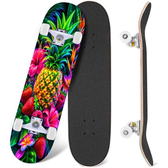 Complete Skateboard Vibrant Tropical Pineapple 31 Inch 7-Ply Maple Skateboard with PU Wheels and Aluminum Trucks, Ready-to-Ride Skateboard for Beginners, Teens and Adults