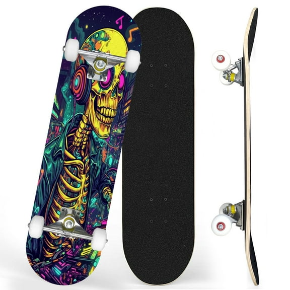 Complete Skateboards for Beginners,7 Layer Canadian Maple Double Kick Deck,31''Pro Cruiser Skull Skate Board