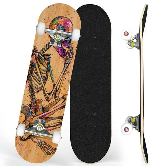 Complete Skateboards for Beginners,7 Layer Canadian Maple Double Kick Deck,31''Pro Cruiser Skull Skate Board