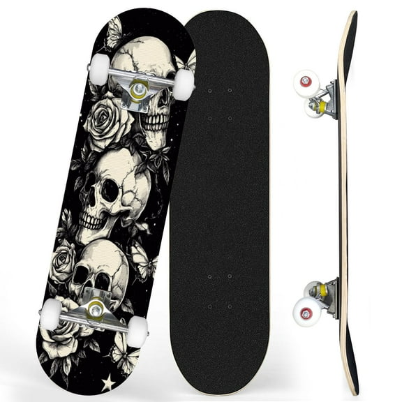 Complete Skateboards for Beginners,7 Layer Canadian Maple Double Kick Deck,31''Pro Cruiser Skulls Skate Board