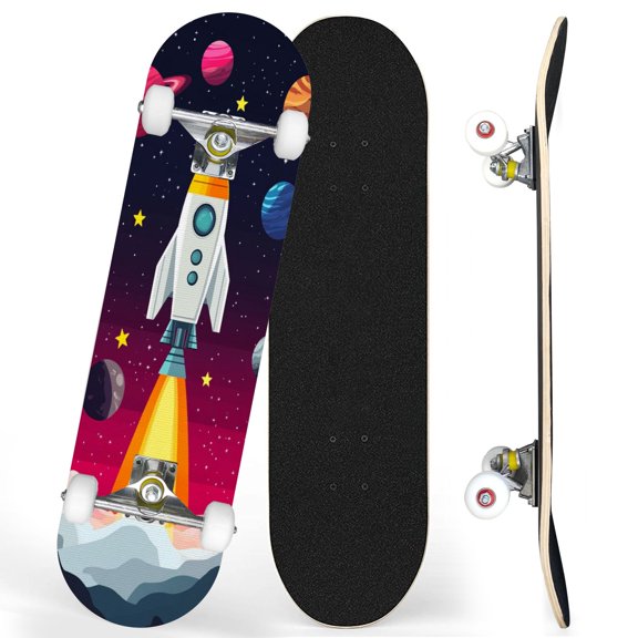 Complete Skateboards for Beginners,7 Layer Canadian Maple Double Kick Deck,31''Pro Cruiser Space skate Board