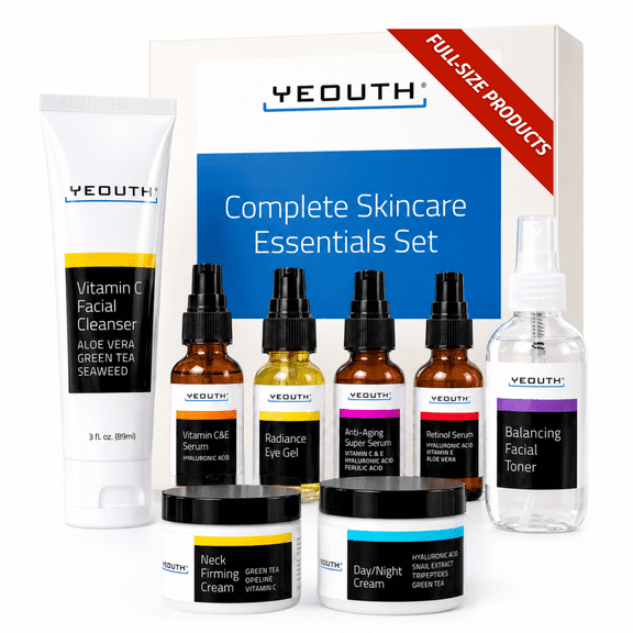 YEOUTH Skin Care Set 8-Piece: Retinol Serum with Hyaluronic Acid, Vitamin C & Anti Aging Face Serum, Cleanser, Toner, Eye Gel, Neck Cream, Face Cream