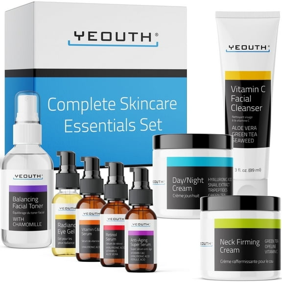 YEOUTH Skin Care Set 8-Piece: Retinol Serum with Hyaluronic Acid, Vitamin C & Anti Aging Face Serum, Cleanser, Toner, Eye Gel, Neck Cream, Face Cream