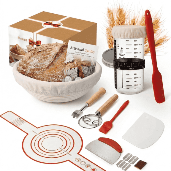 Complete Sourdough Starter Kit - 9" Rattan Banneton Basket, 24oz Glass Fermentation Jar with Thermometer, Full Bread Baking Tool Set for Beginners