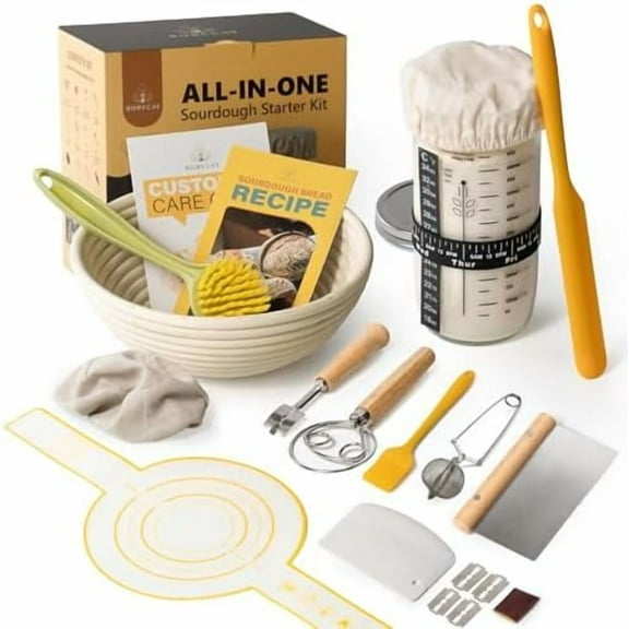 Complete Sourdough Starter Kit: Bread Baking Supplies with Starter Glass Jar & 9” Round Banneton Proofing Basket Tool Set Ideal for Beginners Homemade Bread
