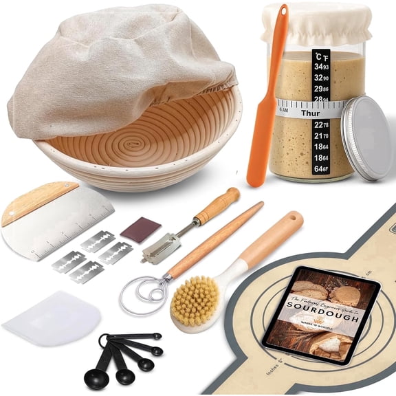 Complete Sourdough Starter Kit and Sourdough Bread Baking Supplies - Includes 9" Banneton Proofing Basket, 34 oz Sourdough Starter Jar, Silicone Bread Sling, Scrapers, Bread Lame and Measuring Spoons