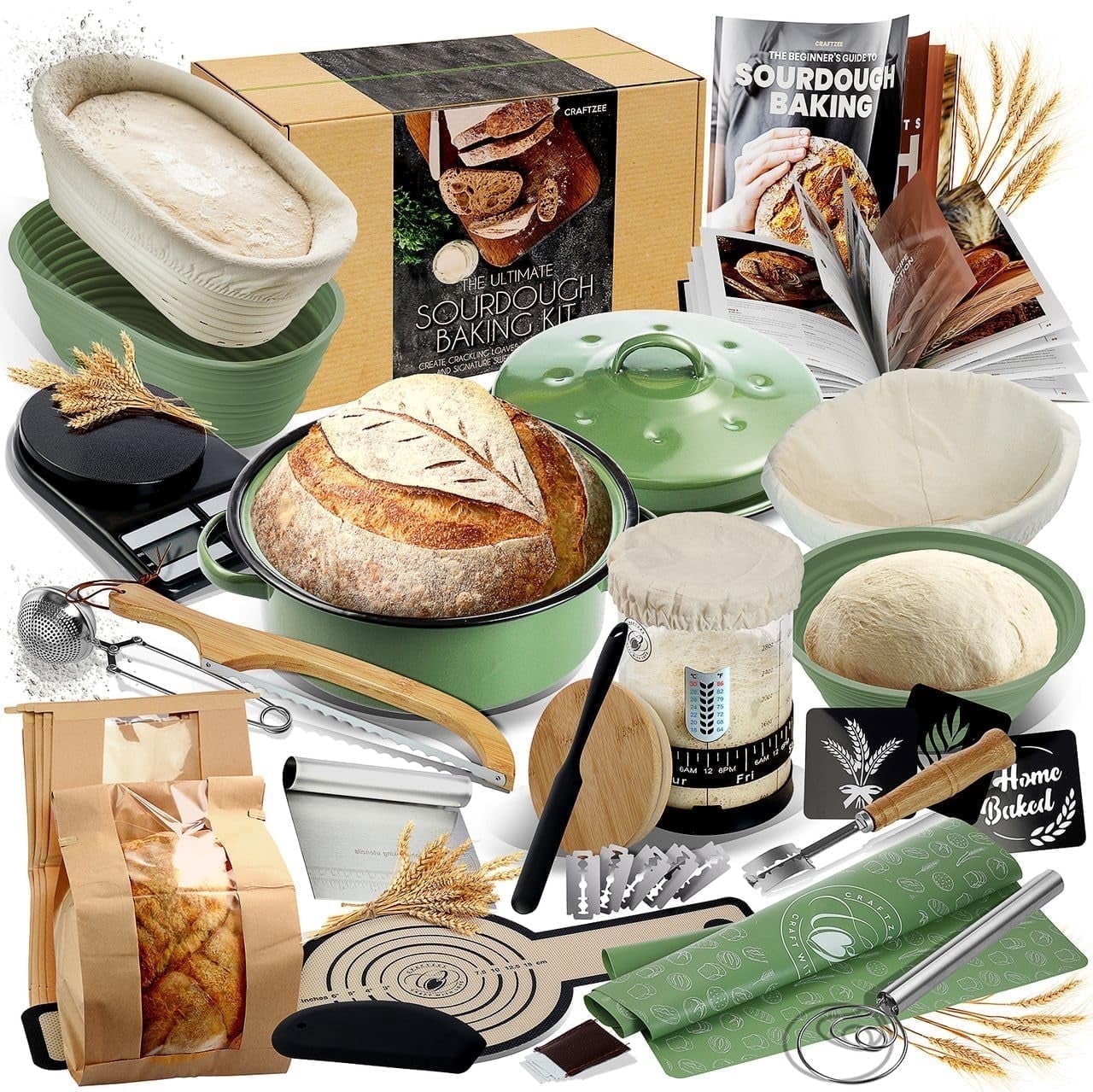 Complete Sourdough Starter Kit – Sourdough Starter Jar for Beginners & Experts - Sourdough Bread Baking Supplies w Banneton Bread Proofing Basket, Dough Scraper, Recipe & Bread Making Tools