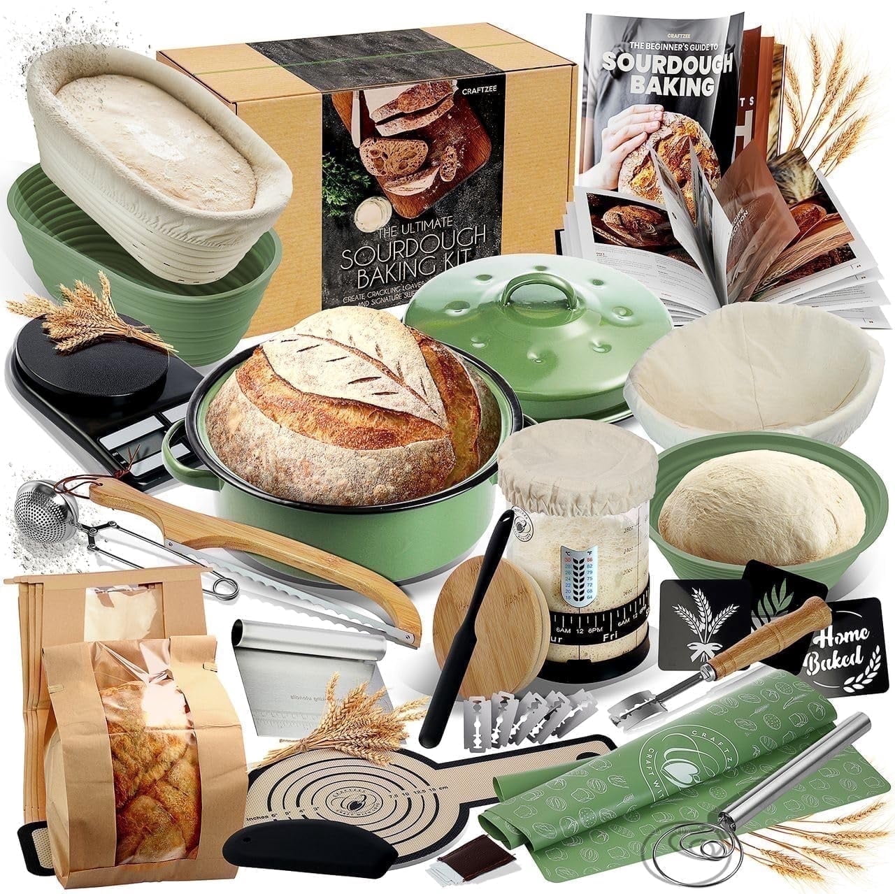 CraftZee All-Inclusive 40 pcs Sourdough Starter Kit with Pot, 34 Oz Starter Jar, 4 Banneton Bread Proofing Baskets, Scraper, Scale, Sourdough Bread Baking Supplies, Detailed Beginner Guide & Recipes
