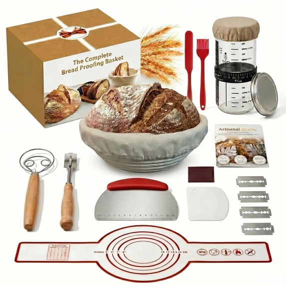 Complete Sourdough Starter Kit for Beginners — 9" Rattan Banneton Basket, 24oz Glass Fermentation Jar with Thermometer, Full Bread Baking Tool Set