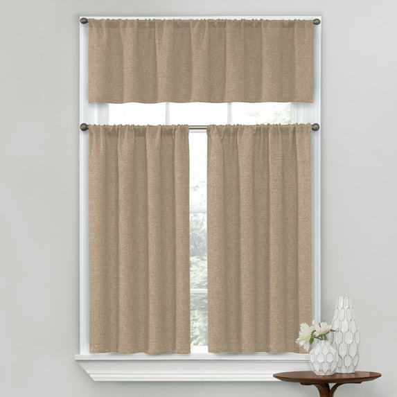 Complete Textured 3 Piece Café Kitchen Curtain Tier & Valance Set - Linen
